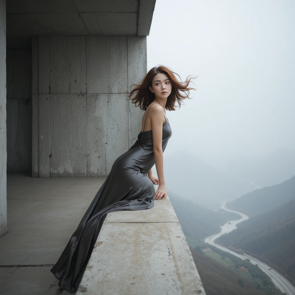 Mujer coreana con vestido lencero de seda en balcón brutalista de montaña