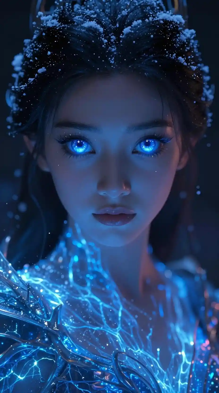 Mystical girl with glowing dragon eyes in darkness