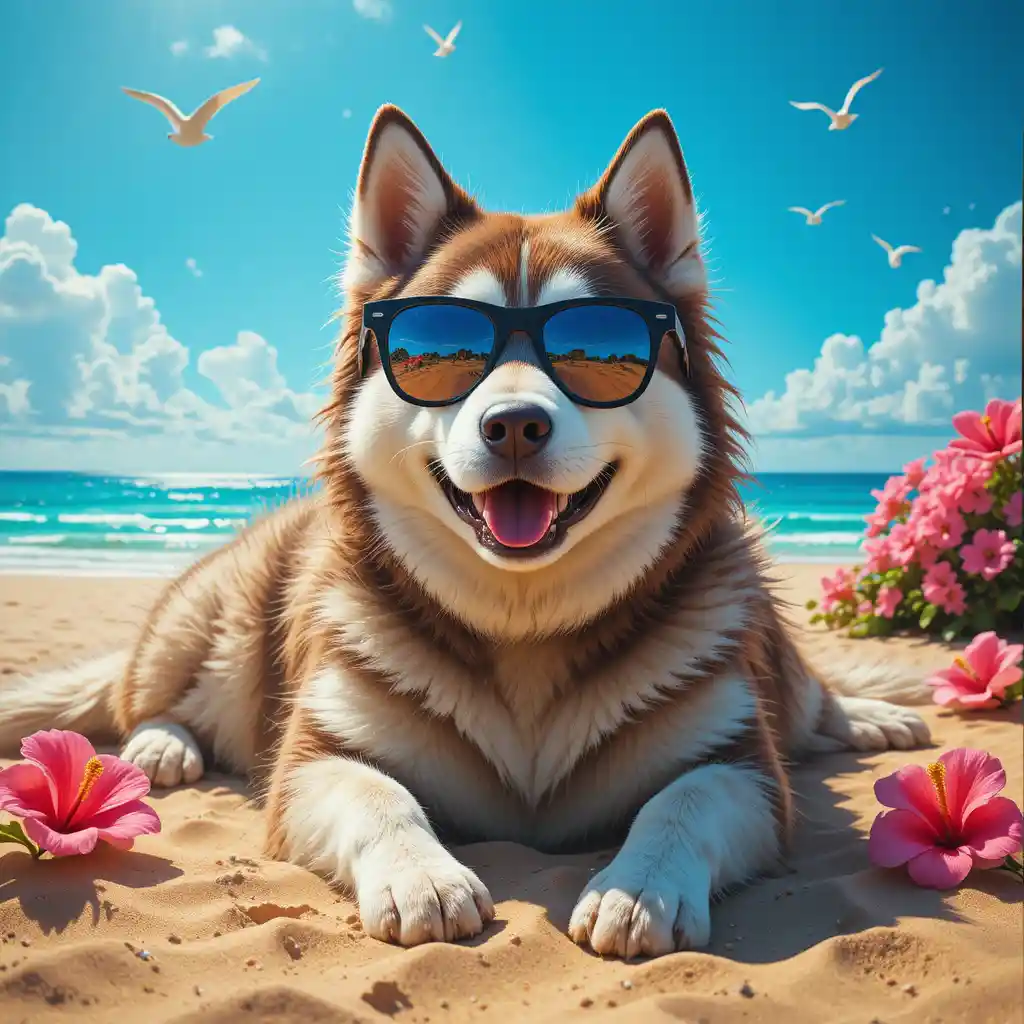 Husky paffuto con occhiali da sole che si rilassa su una spiaggia soleggiata