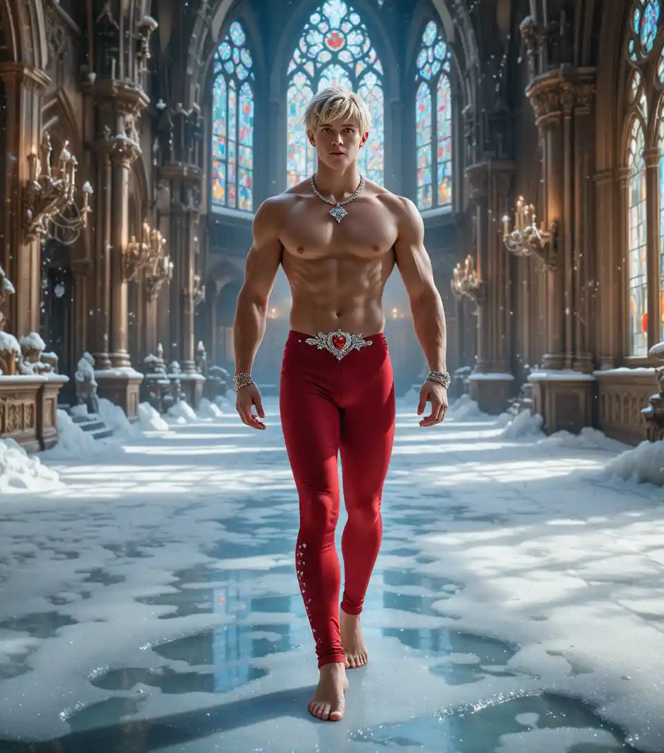 Barefoot blond youth walking through a sparkling ice castle
