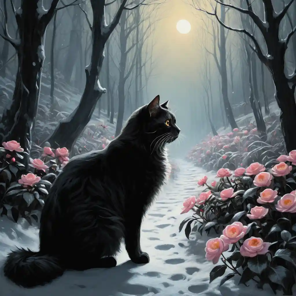 Fantasy cat and leopard in enchanted winter forest