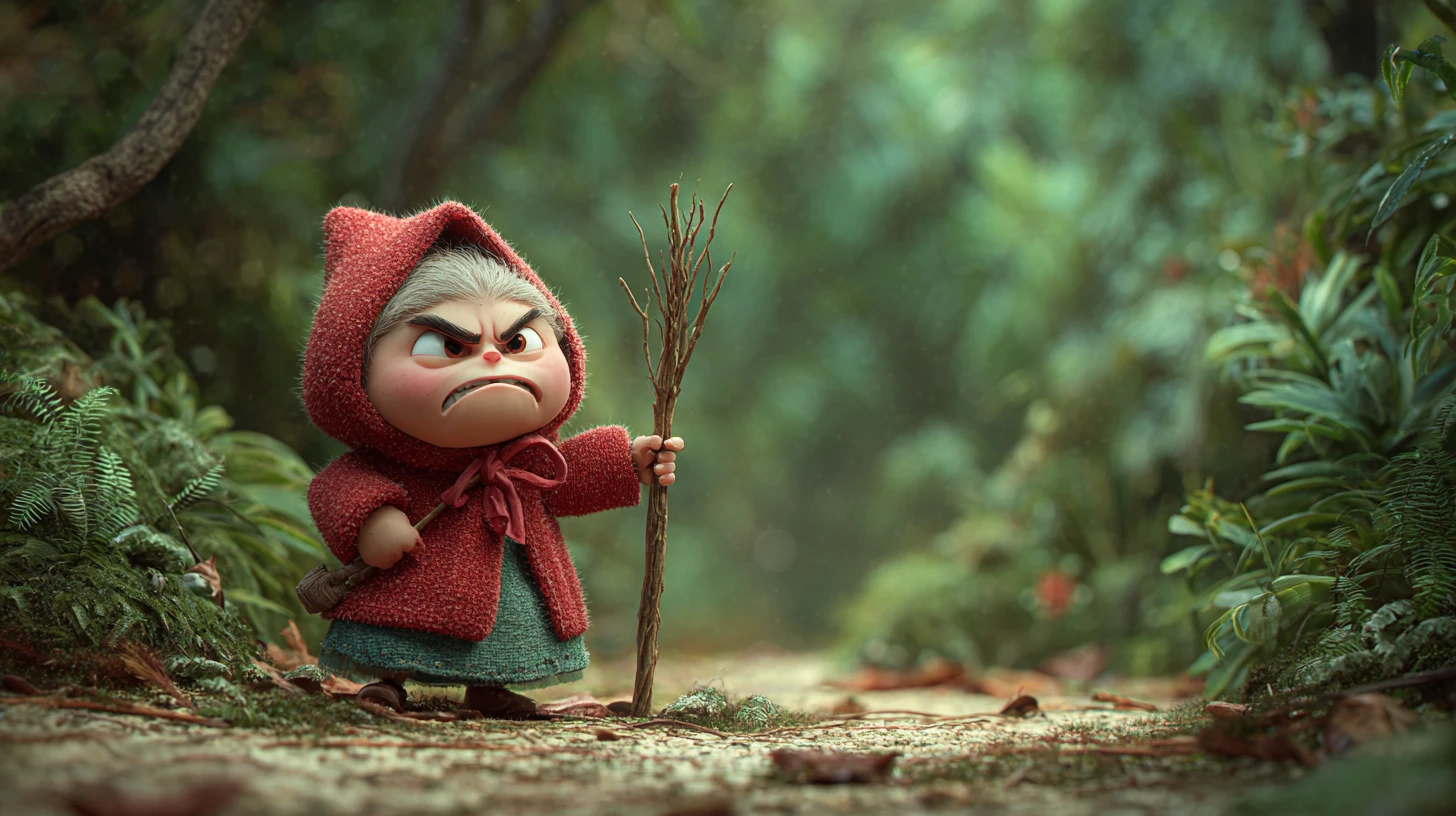Angry Girl Holding A Stick In A Lush Forest