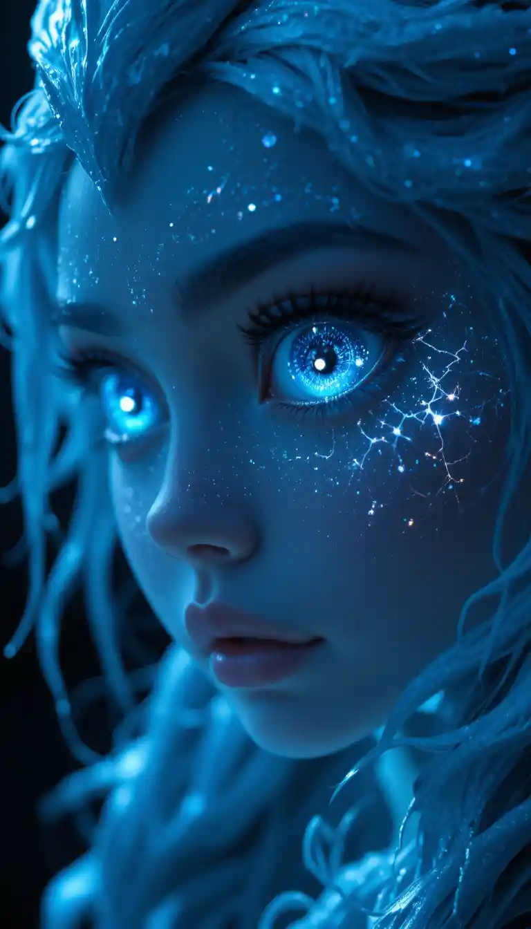 Mystical girl with glowing dragon eyes in darkness