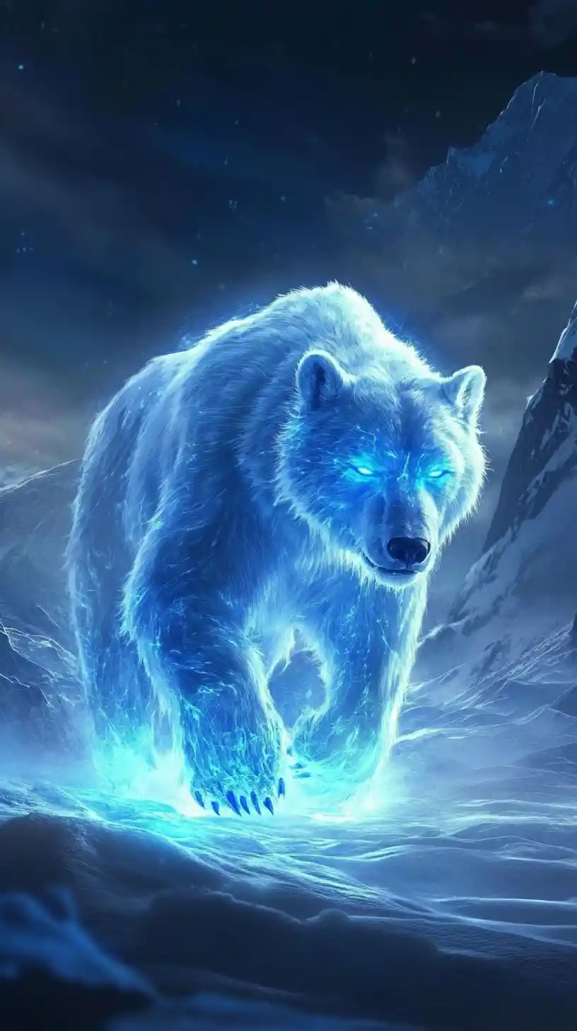 Leuchtender Eisbär aus Eis in dunkler arktischer Landschaft