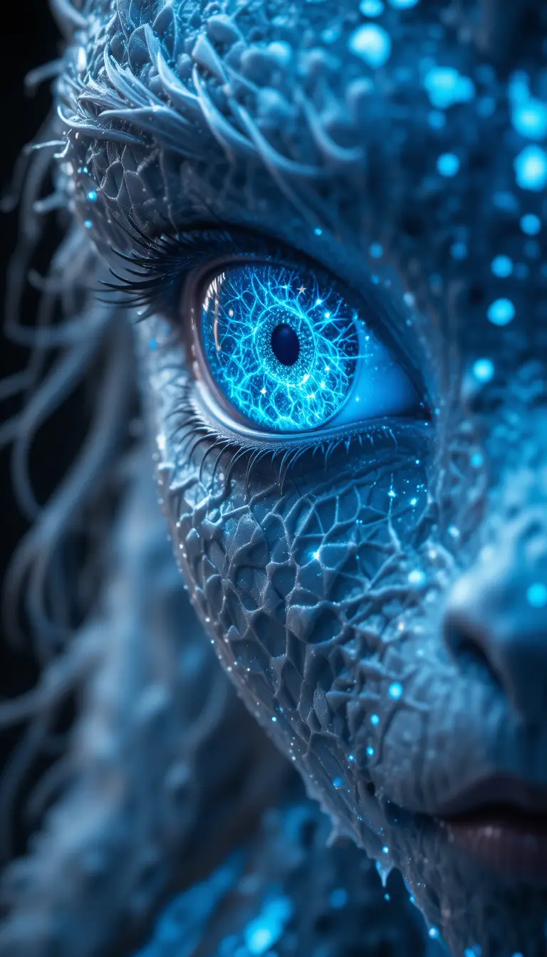 Mystical girl with glowing dragon eyes in darkness