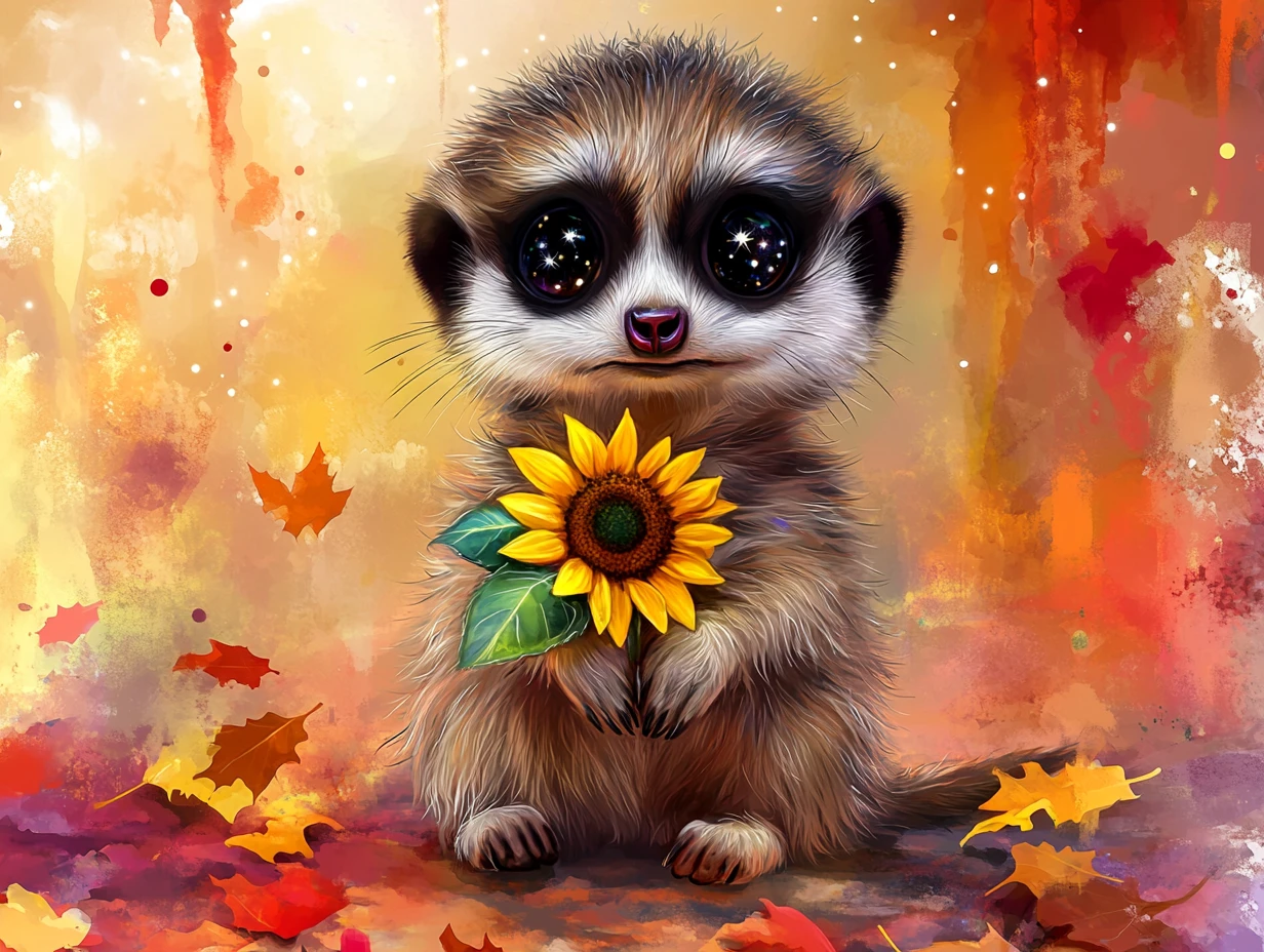 Dolce cucciolo di suricato con girasole in una scena autunnale ad acquerello