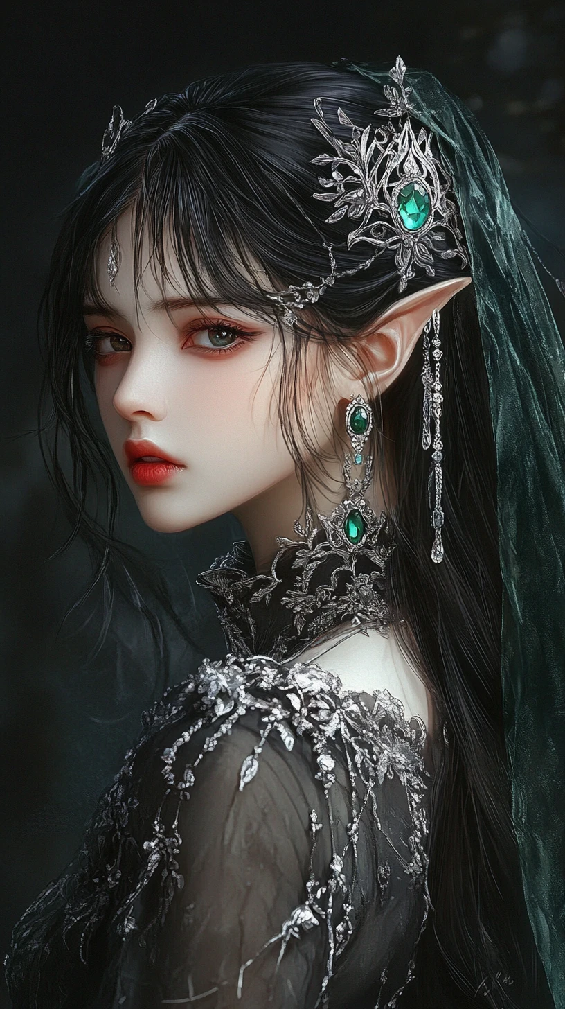 Dark elf inspired anime girl in silver headpiece portrait