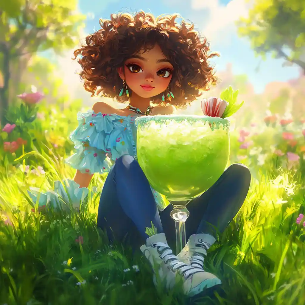 Girl on giant margarita in a sunny green field