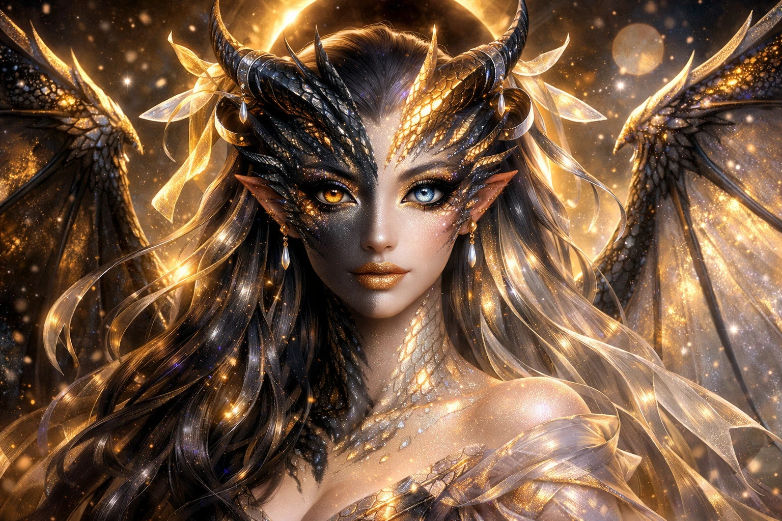 Ethereal eclipse dragon goddess in glowing fantasy portrait