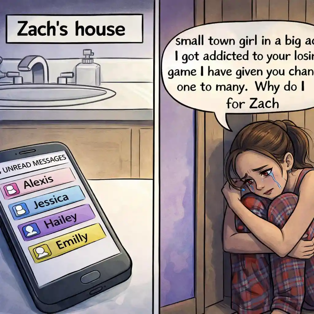 Crying cartoon girl huddled by a door with text bubble