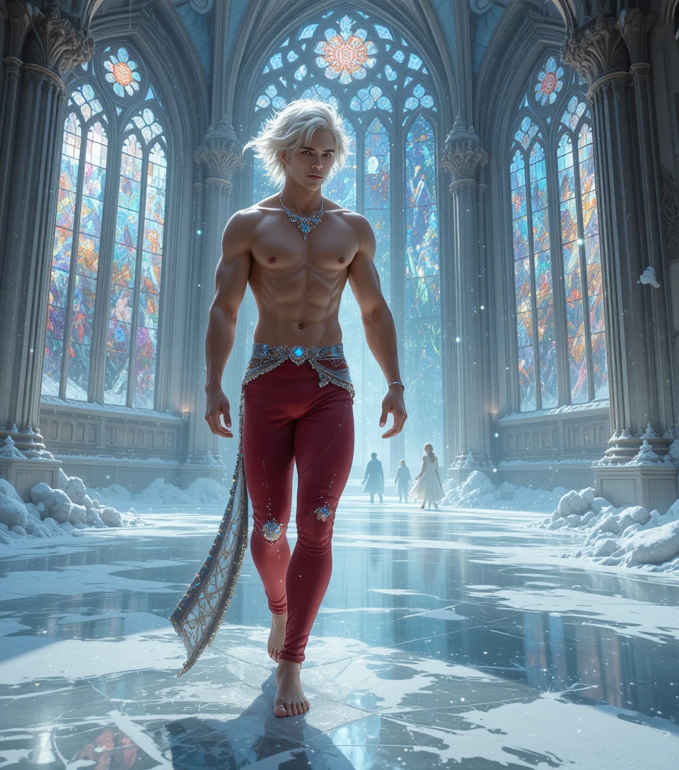 Barefoot blond man walking through a sparkling ice castle