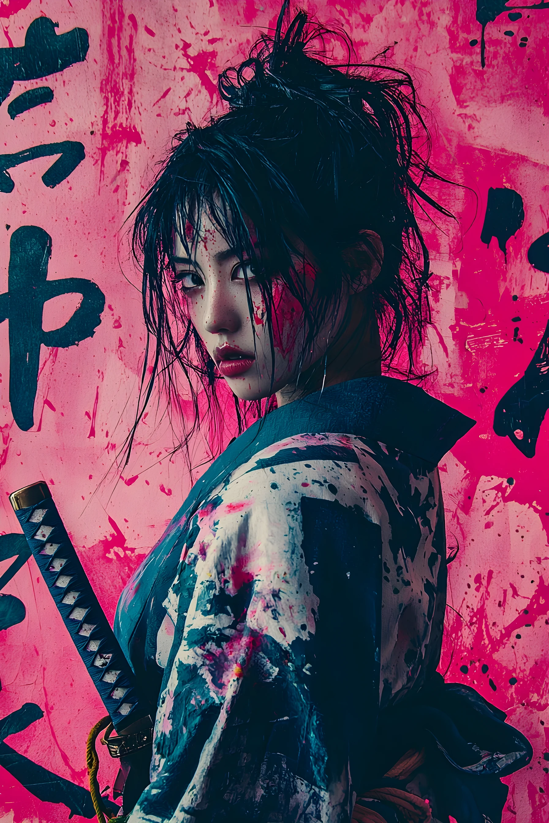 Modern samurai portrait with katana and neon calligraphy