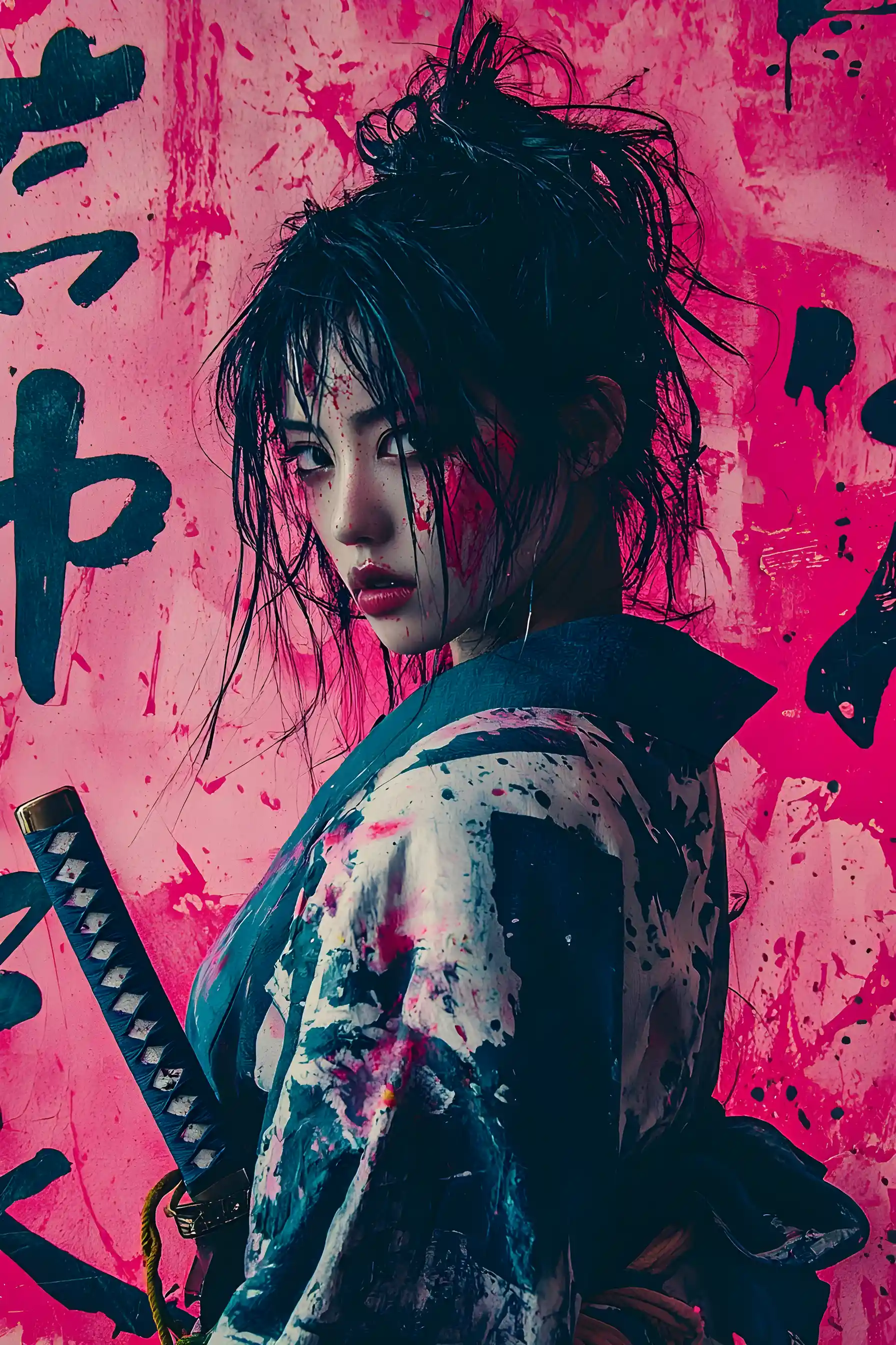 Modern samurai portrait with katana and neon calligraphy