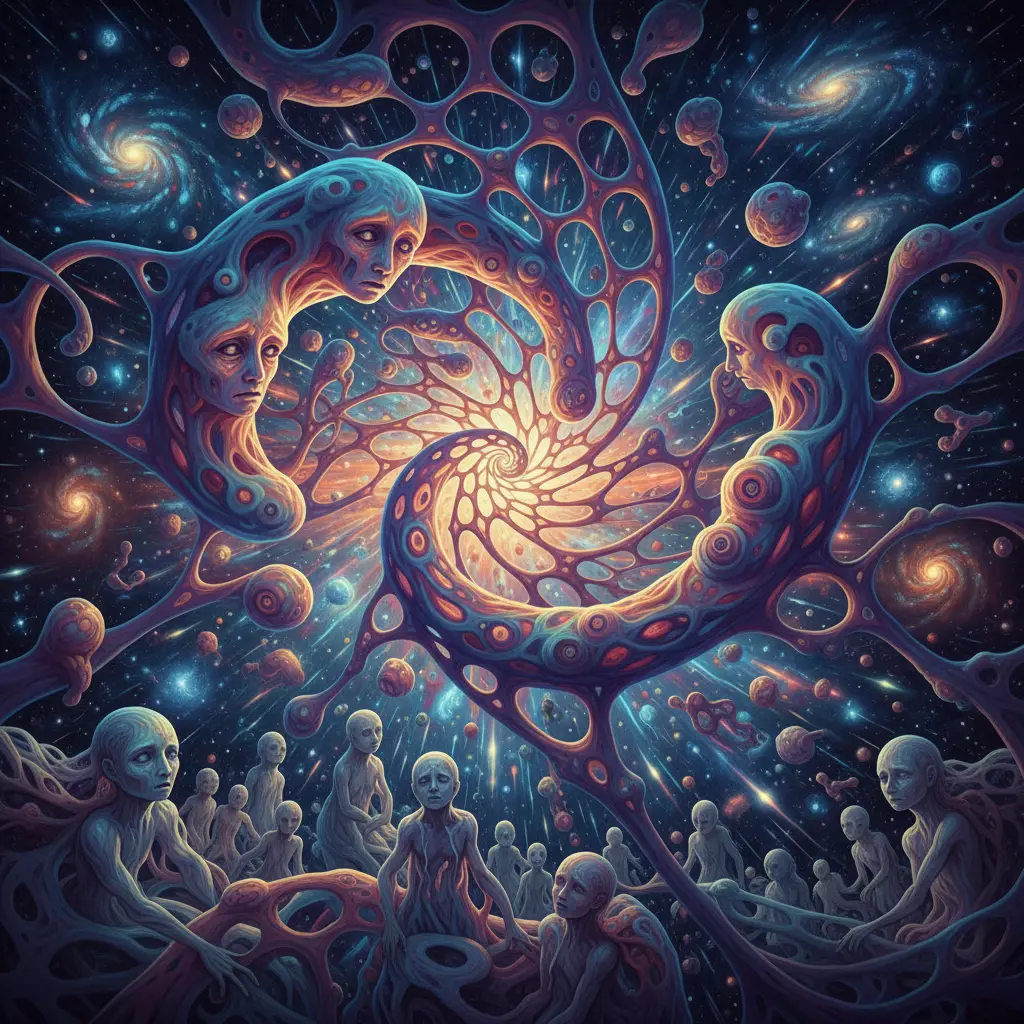 Surreal 3d tubular beings in a swirling cosmic scene