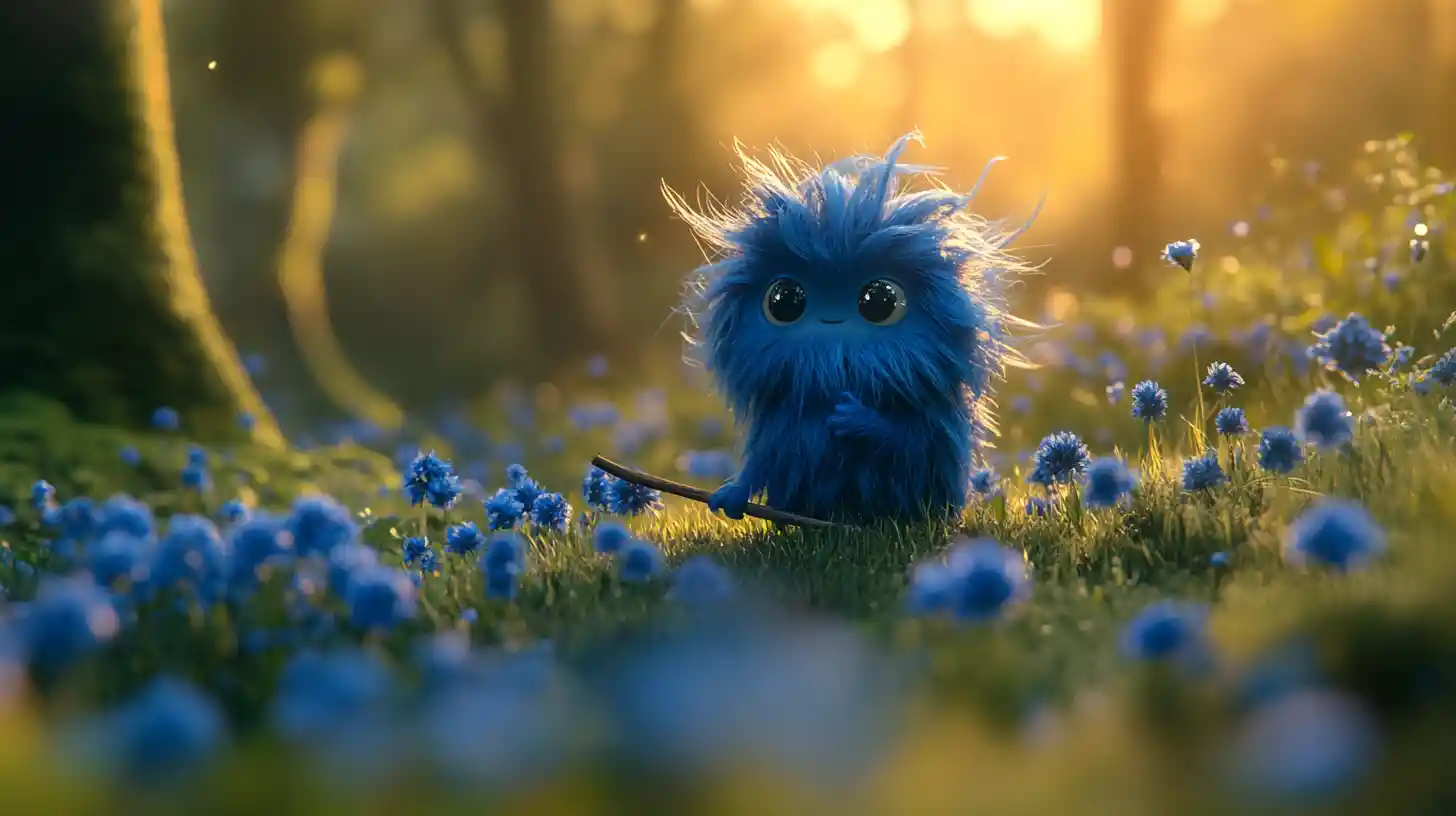 Tiny blue fantasy creature in a sunset flower meadow
