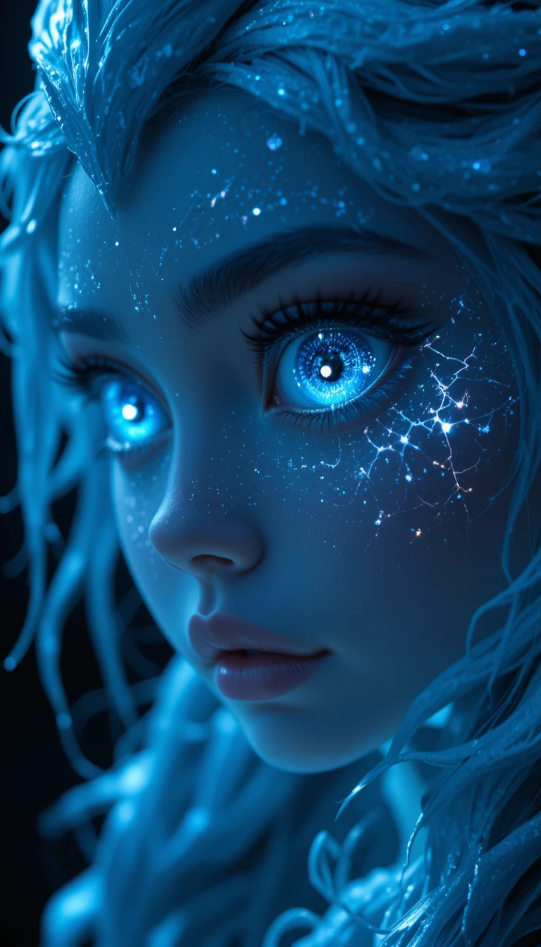 Mystical girl with glowing dragon eyes in darkness