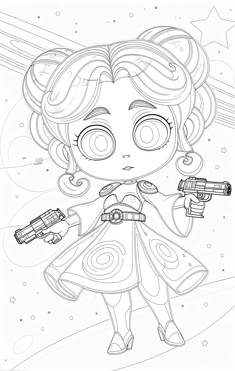 Chibi space heroine with blaster in a starry galaxy