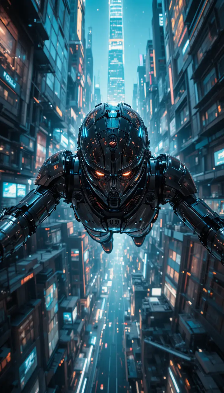 Cyborg flying through a futuristic city with neon light