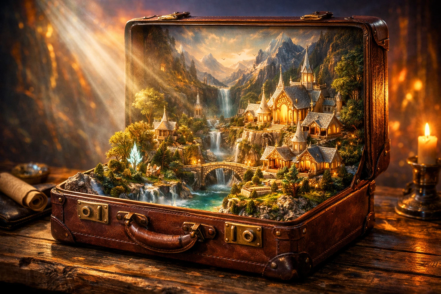 Open suitcase revealing a tiny fantasy city within
