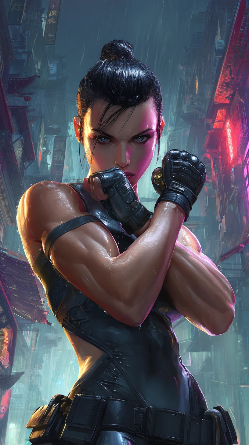 Cyberpunk-Polizistin und Vollstreckerin in neonbeleuchteter, regennasser Straße