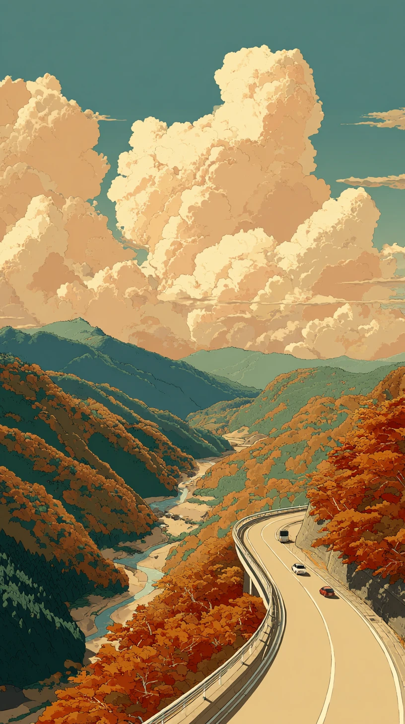 Carretera de montaña que serpentea por un valle otoñal brumoso