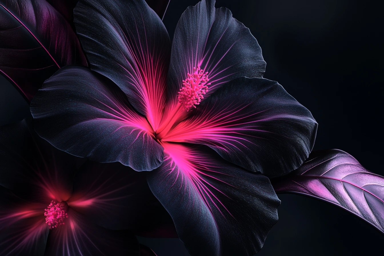 Dark neon edged flower on deep black background