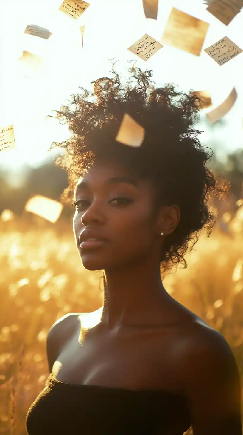 Woman in sunlit field with drifting paper notes