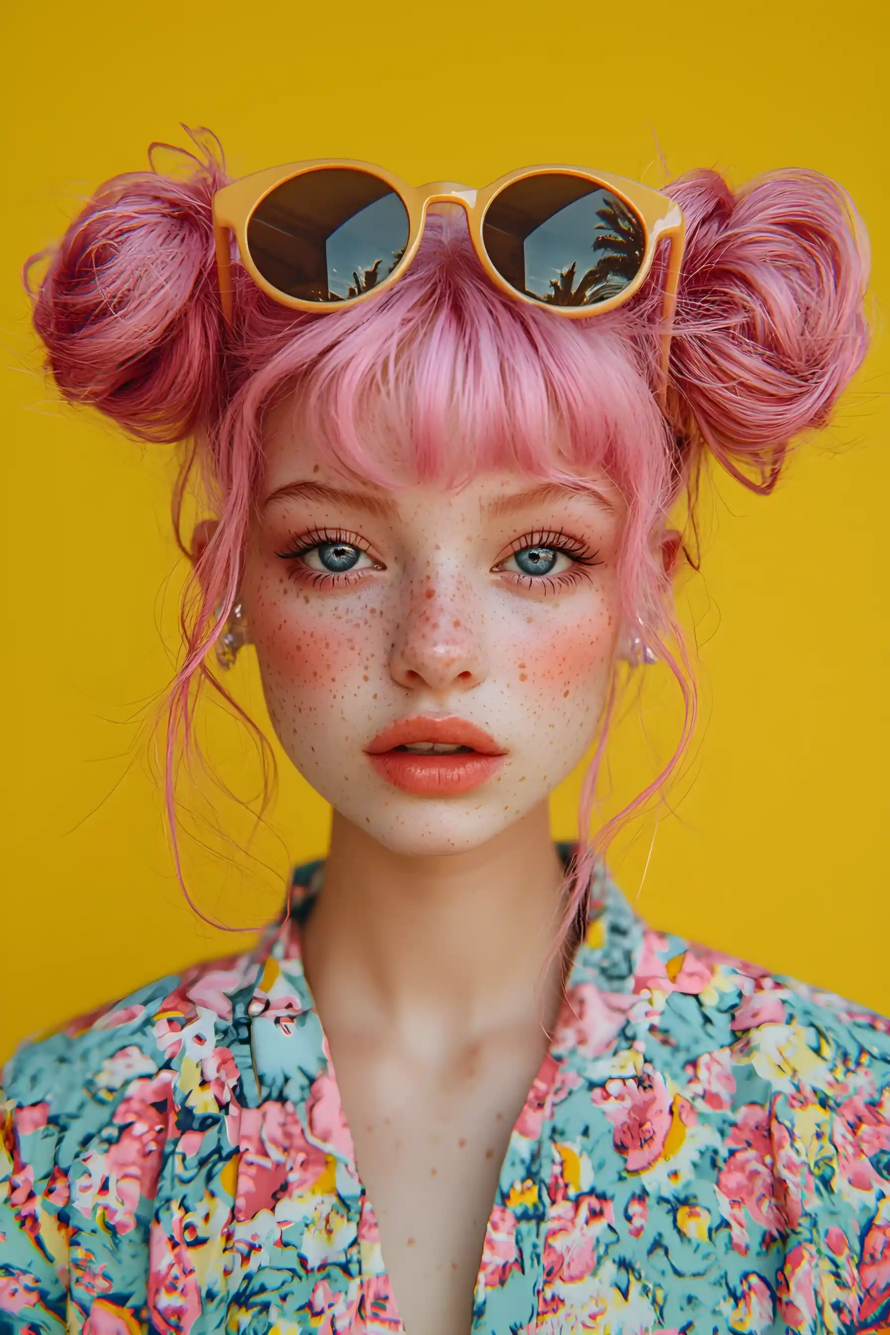 Pastel haired girl with floral outfit and sunglasses