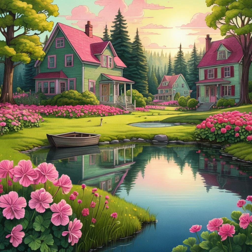 Colorful lakeside village with meadow flowers and sunlight