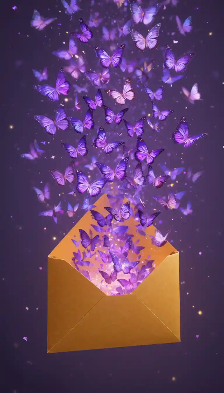 Violet butterflies emerging from a floating yellow envelope