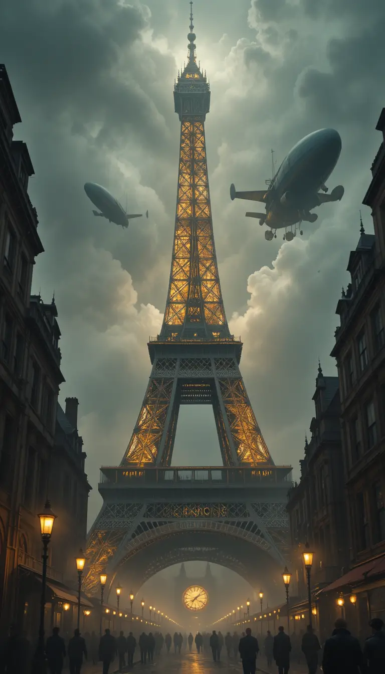 Steampunk Eiffel Tower Clockwork Rising Over Victorian Street