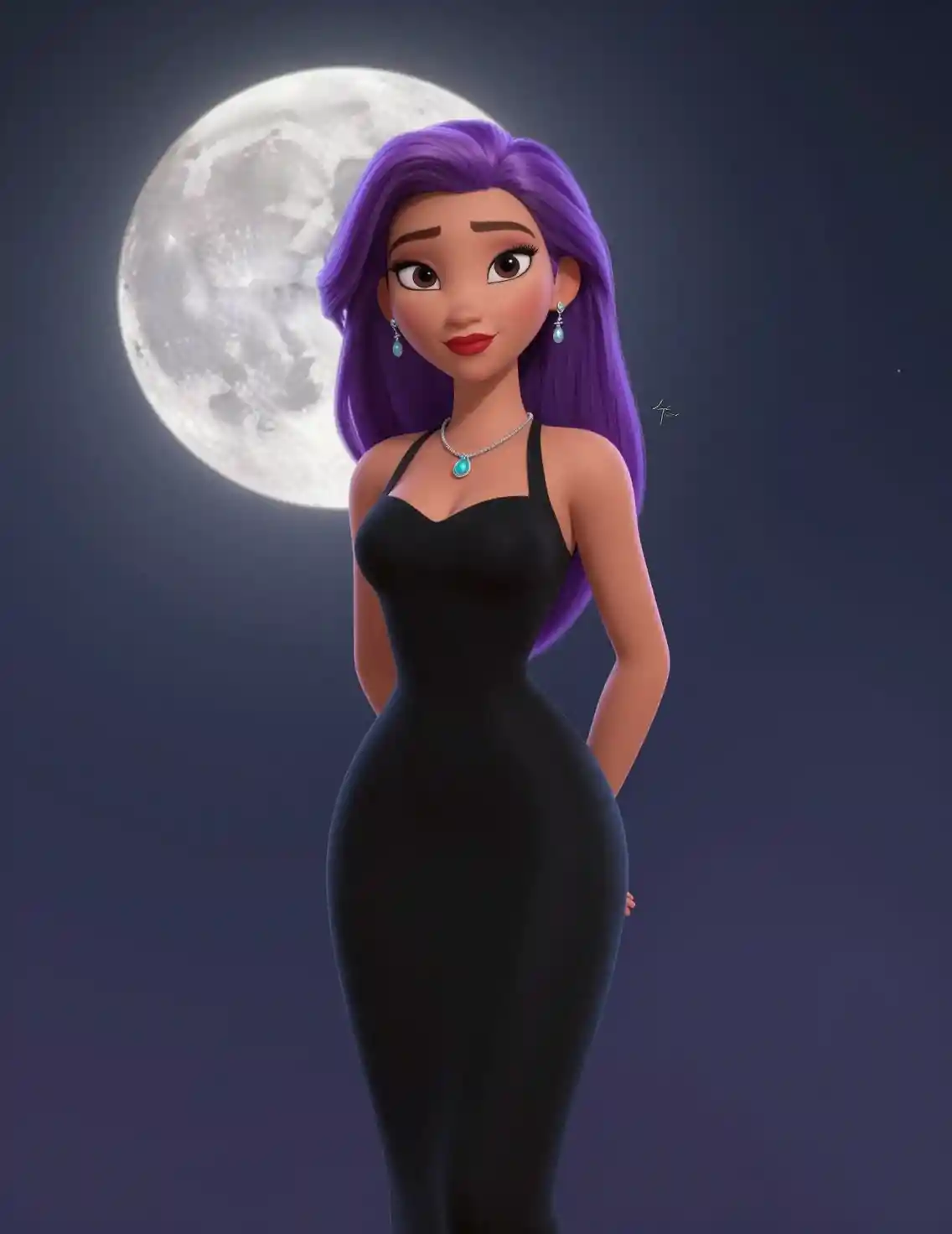 Elegant woman in black dress under a glowing full moon