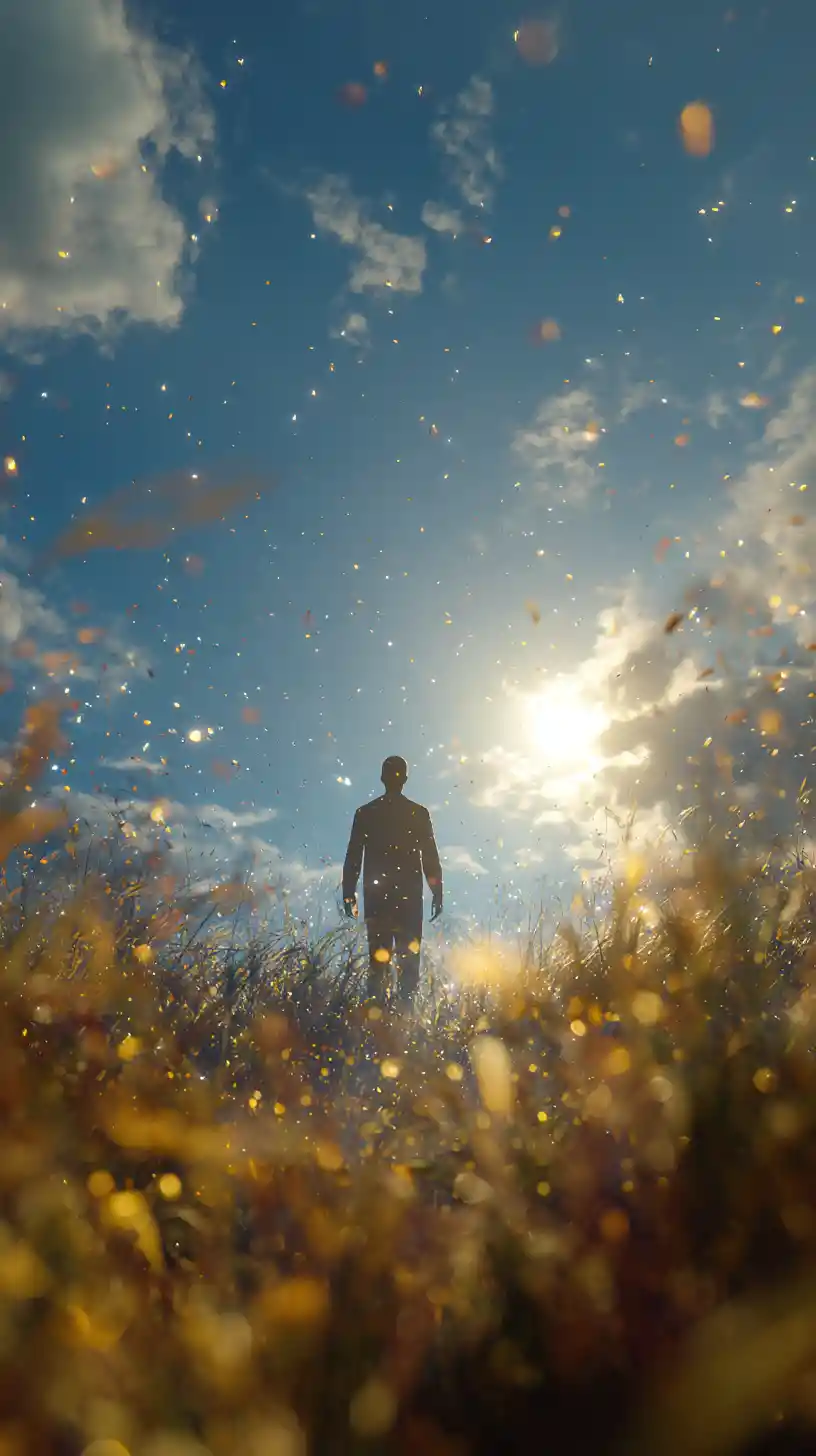 Hombre sereno en pradera iluminada por el sol bajo un cielo azul claro
