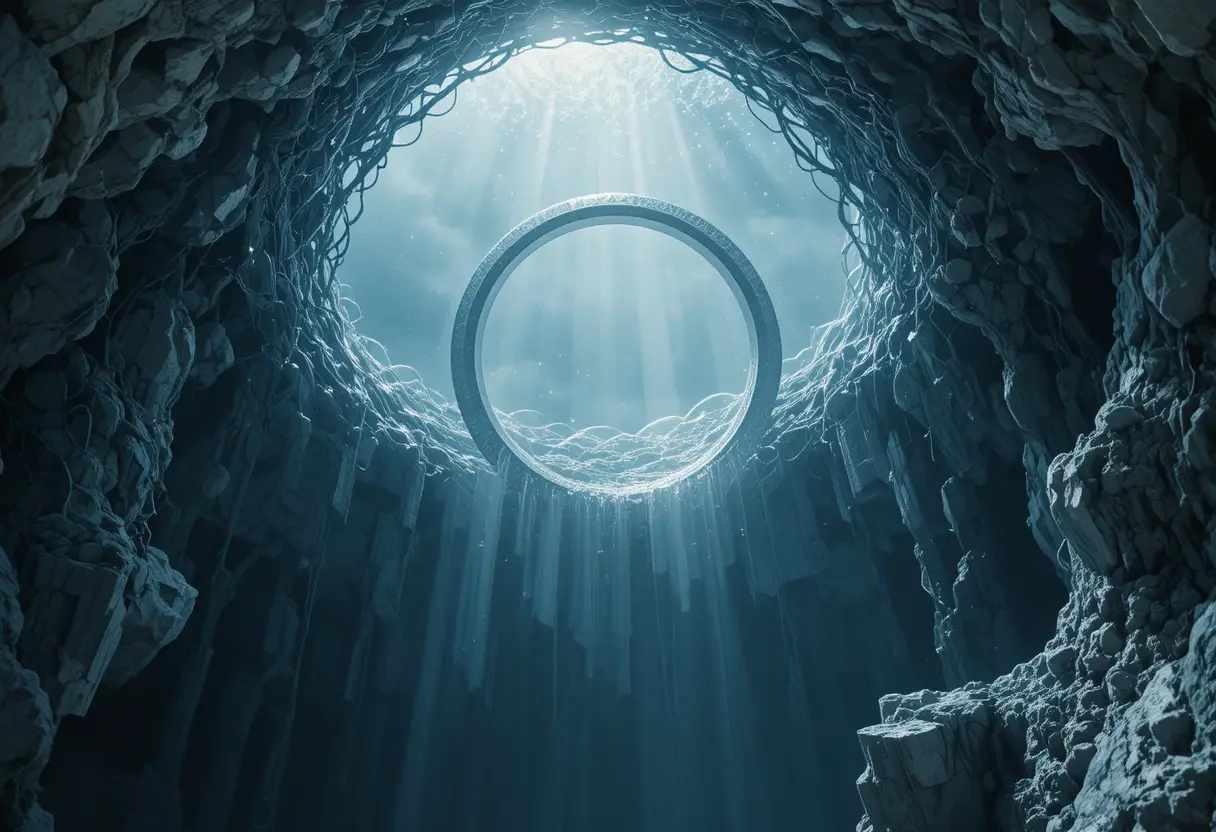 Photorealistic metallic ring floating between dark worlds