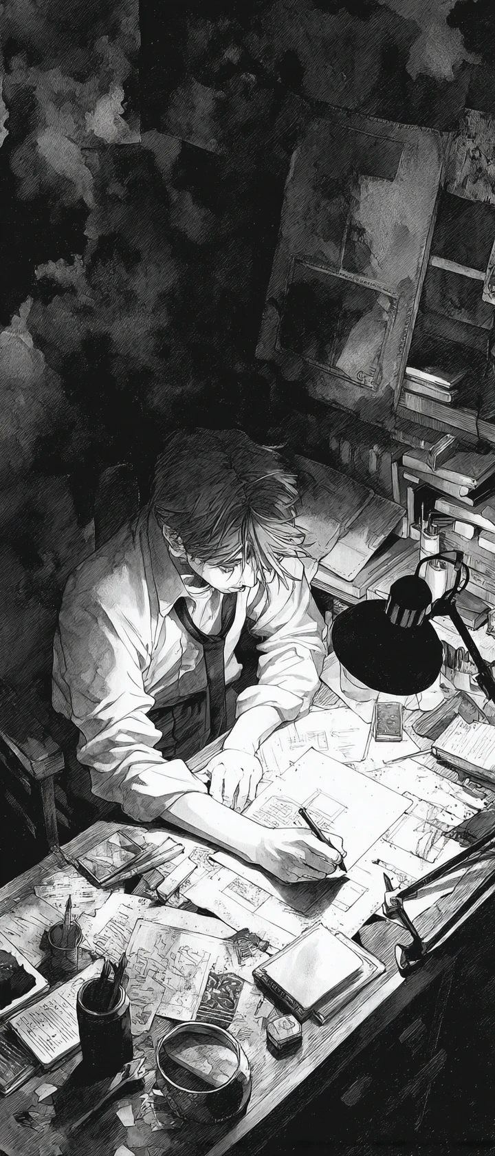 Anime writer hunched over desk as dark ink surrounds him