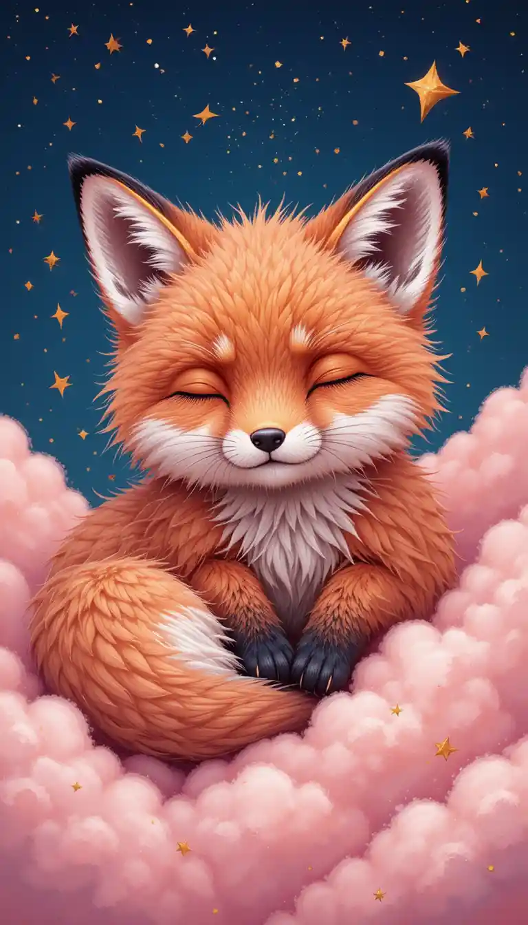 Cute fluffy fox sleeping on pastel pink night clouds