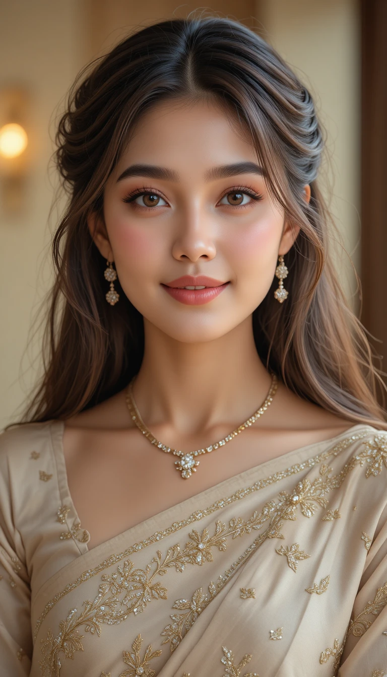 Retrato elegante de chica india con sari beige dorado