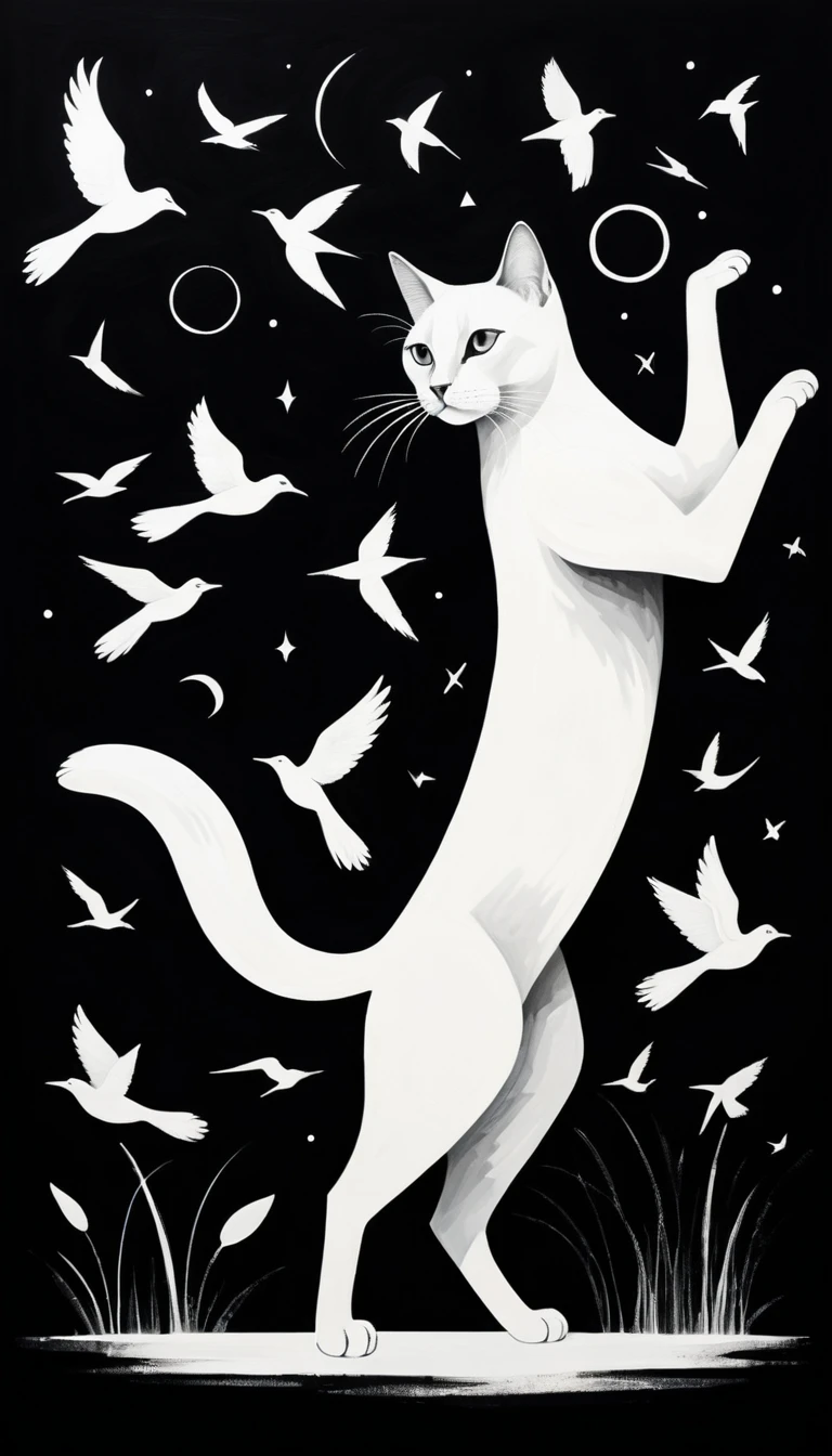 Minimalist siamese cat painting reaching toward flying birds