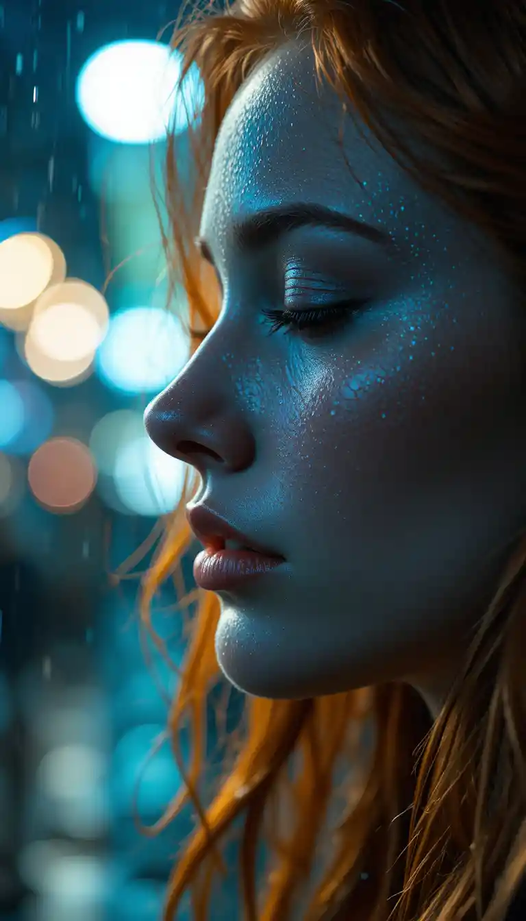 Serene red haired woman in rain with cinematic lighting