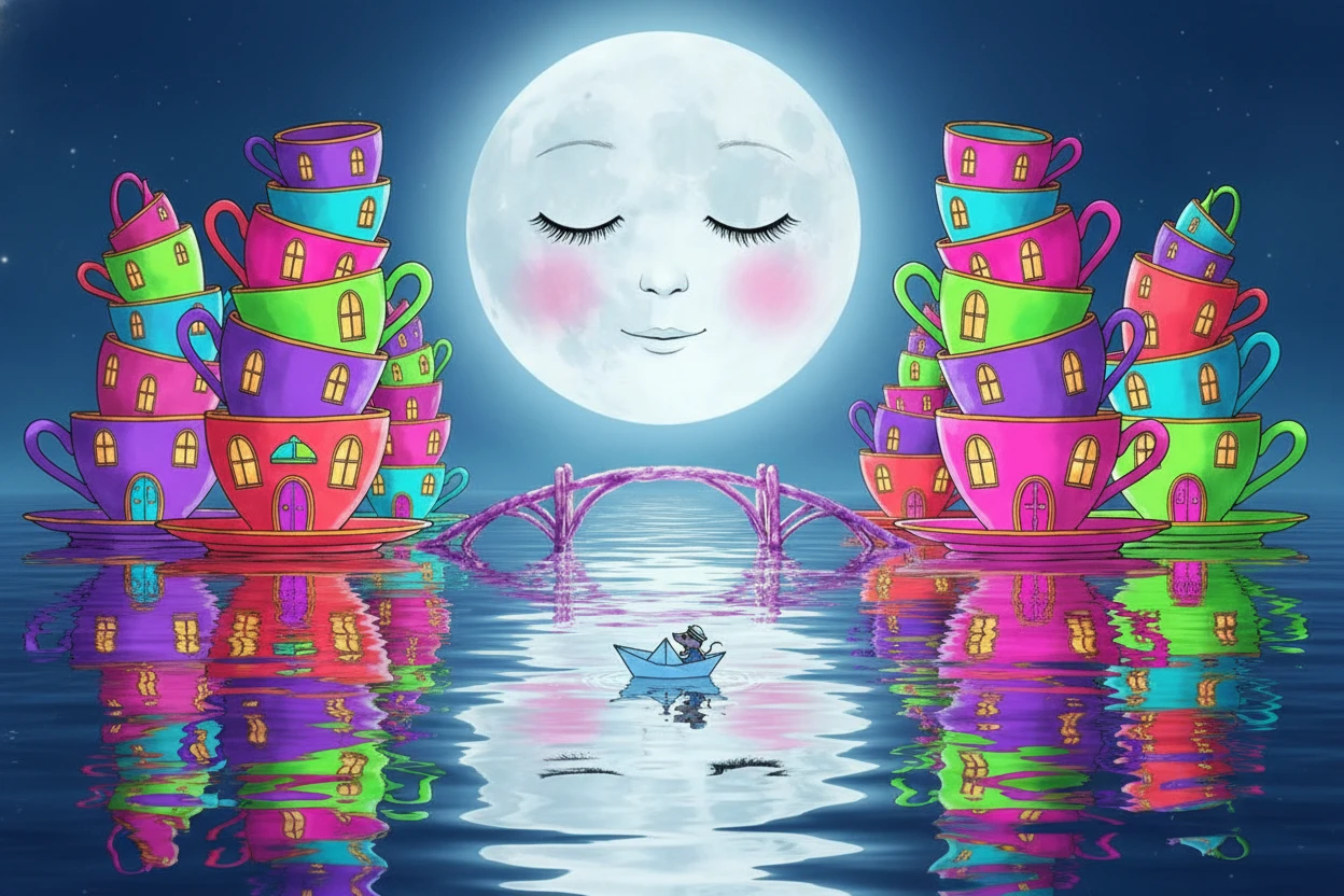 Luna sonriente sobre el Lago de Mercurio en una ciudad de fantasía neón