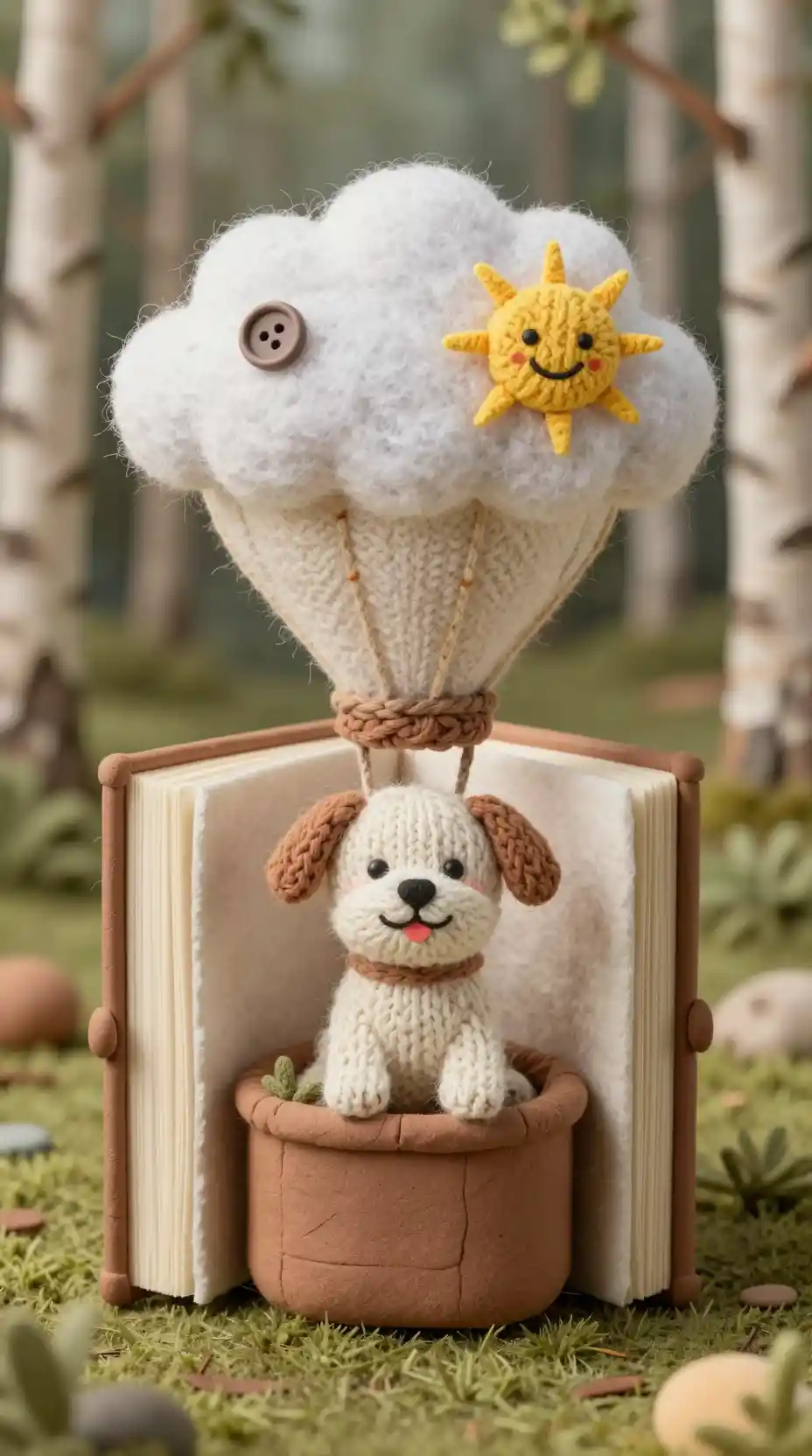 Handcrafted wool puppy in a whimsical hot air balloon