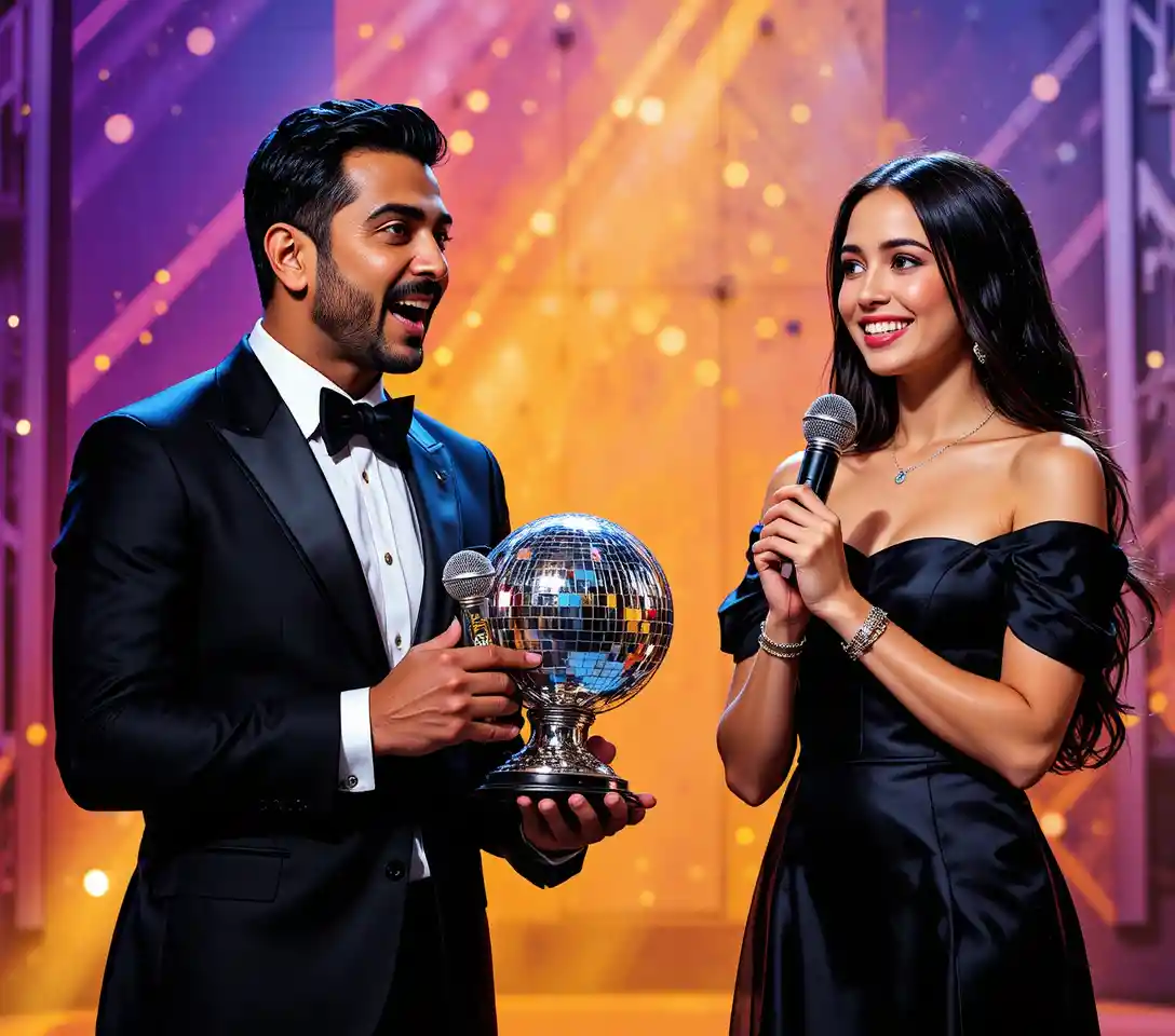 Man and woman celebrating on stage with disco ball trophy