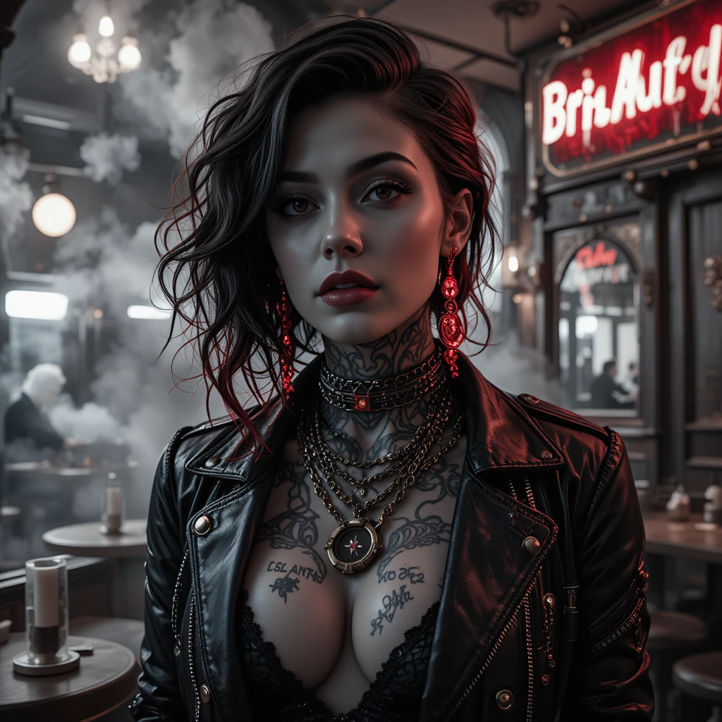 Noir cyberpunk woman in chains and glowing tattoos