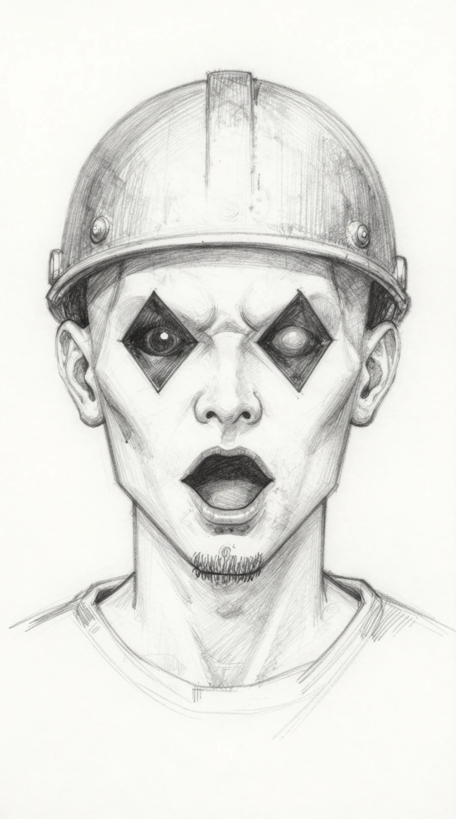 Creepy pencil sketch portrait of a masked bald man