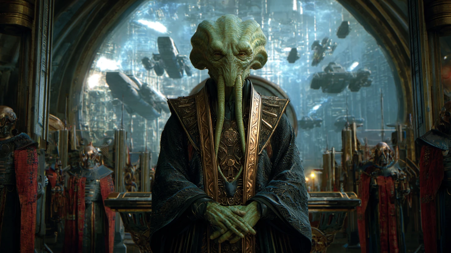 Ancient alien overlord enthroned in a vast galactic hall