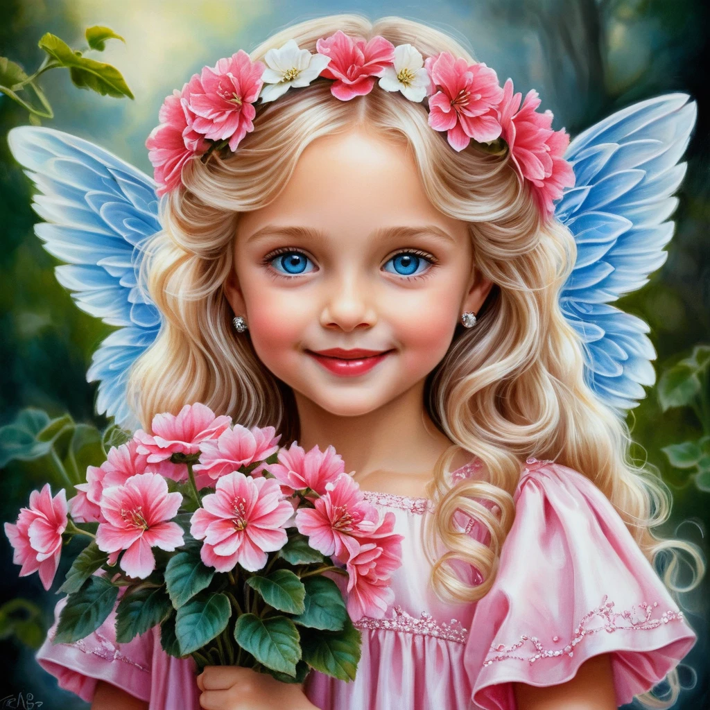 Smiling spring angel girl with pink flowers and wings