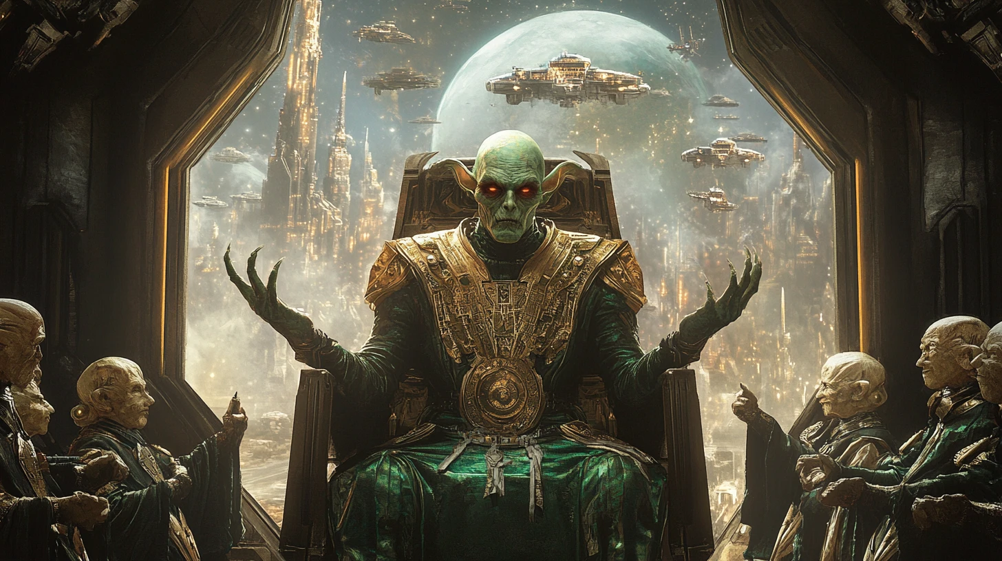 Ancient alien overlord enthroned in a vast galactic hall