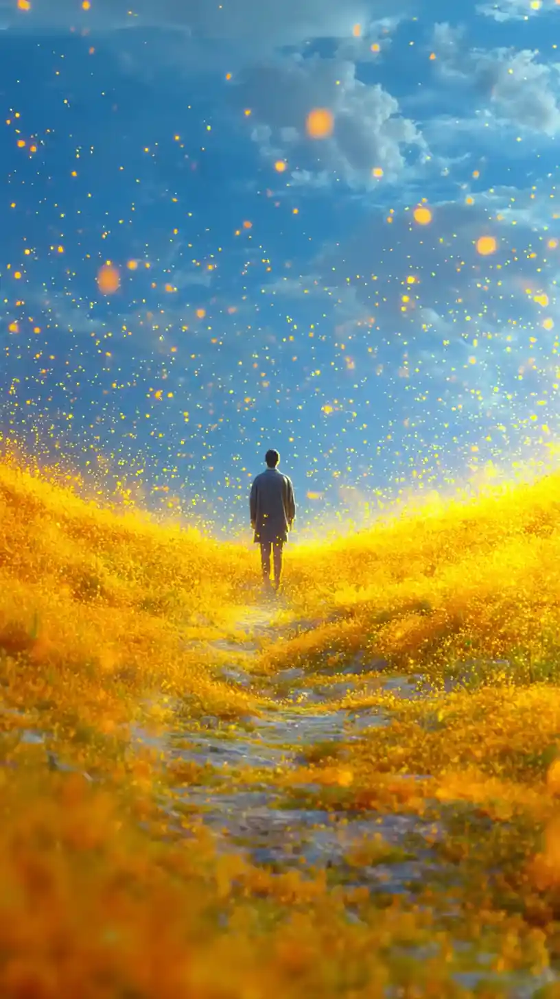 Man in sunlit meadow looking up at clear blue sky