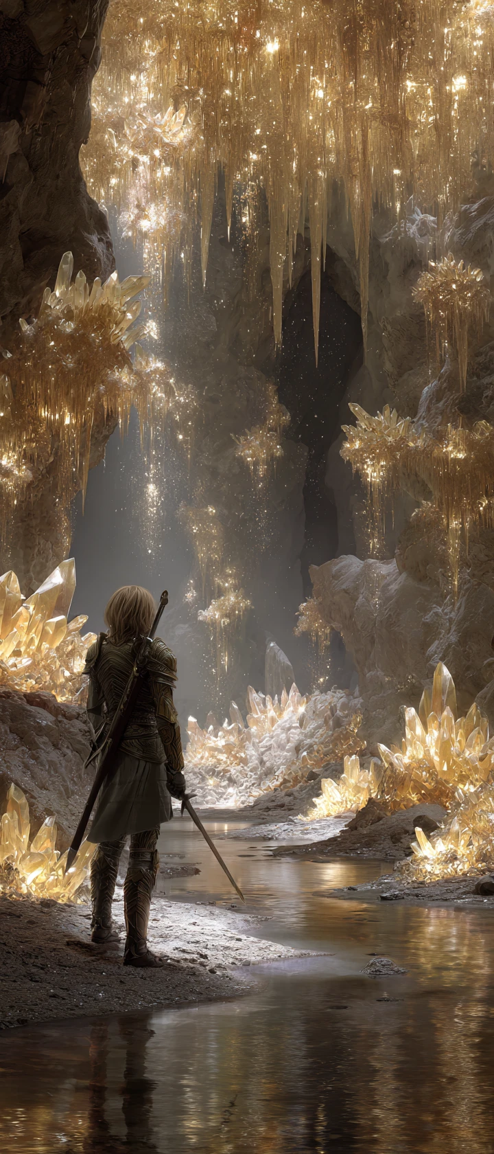 Platinum haired warrior in a glowing crystal cave passage