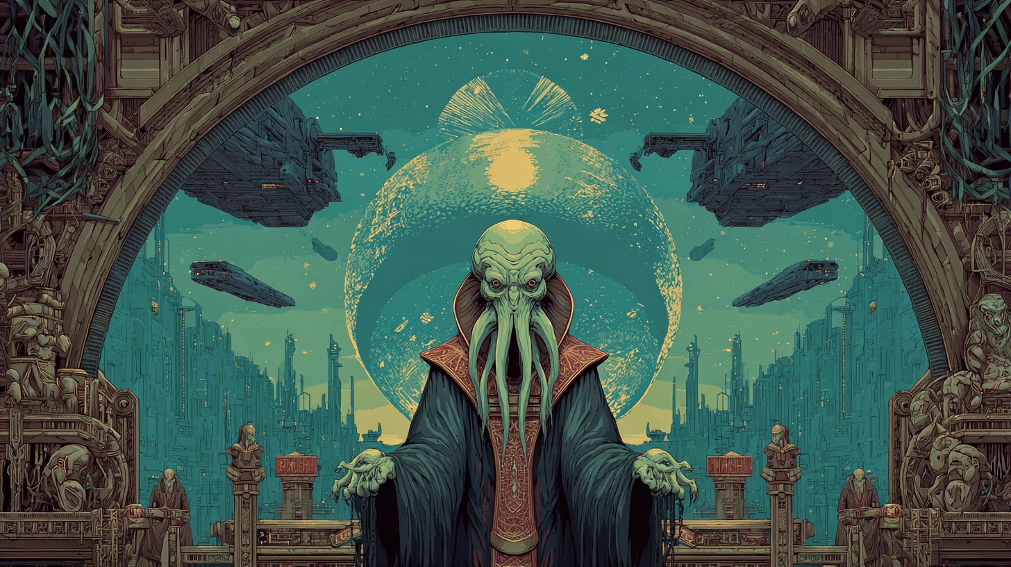 Ancient Alien Overlord On A Throne In Futuristic City